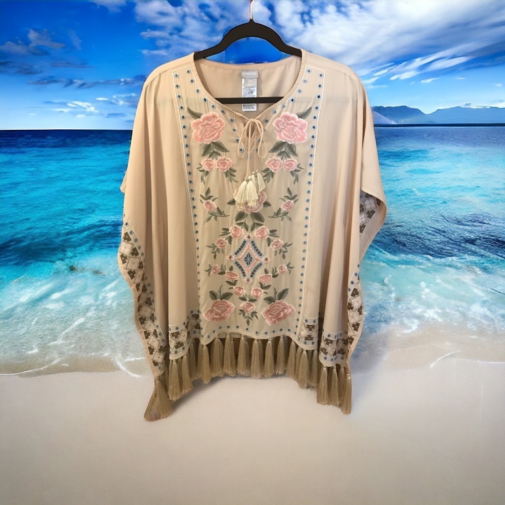 Chico’s Embroidered Poncho-Style Top, S/M, Tan background, Colorful & Fu…